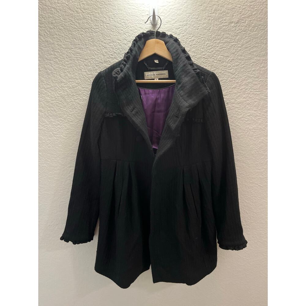 Steve Madden M Black Ruffle Mockneck Collar Wool Blend Coat Whimsigoth Romantic - Picture 4 of 8